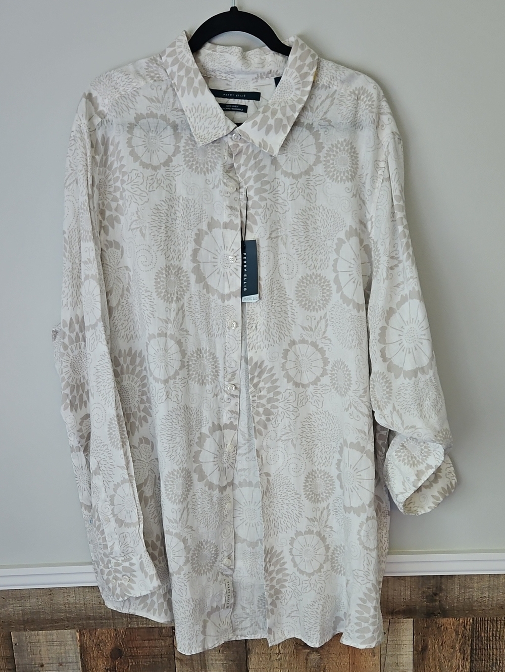 Perry Ellis Cream & Tan Floral Lightweight Shirt Jacket